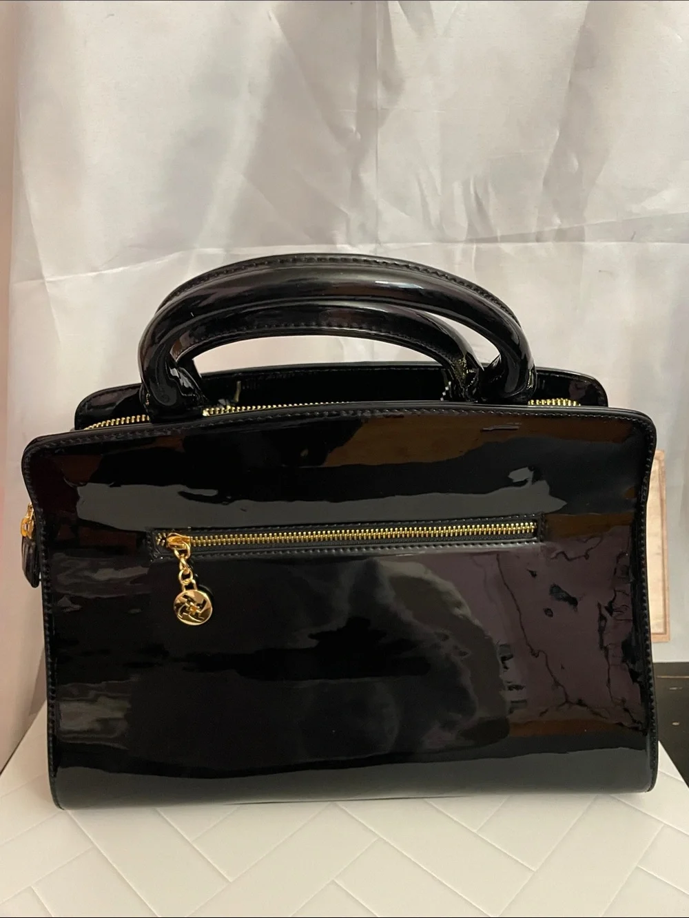 Structured Black Patent Satchel with Gold Accent